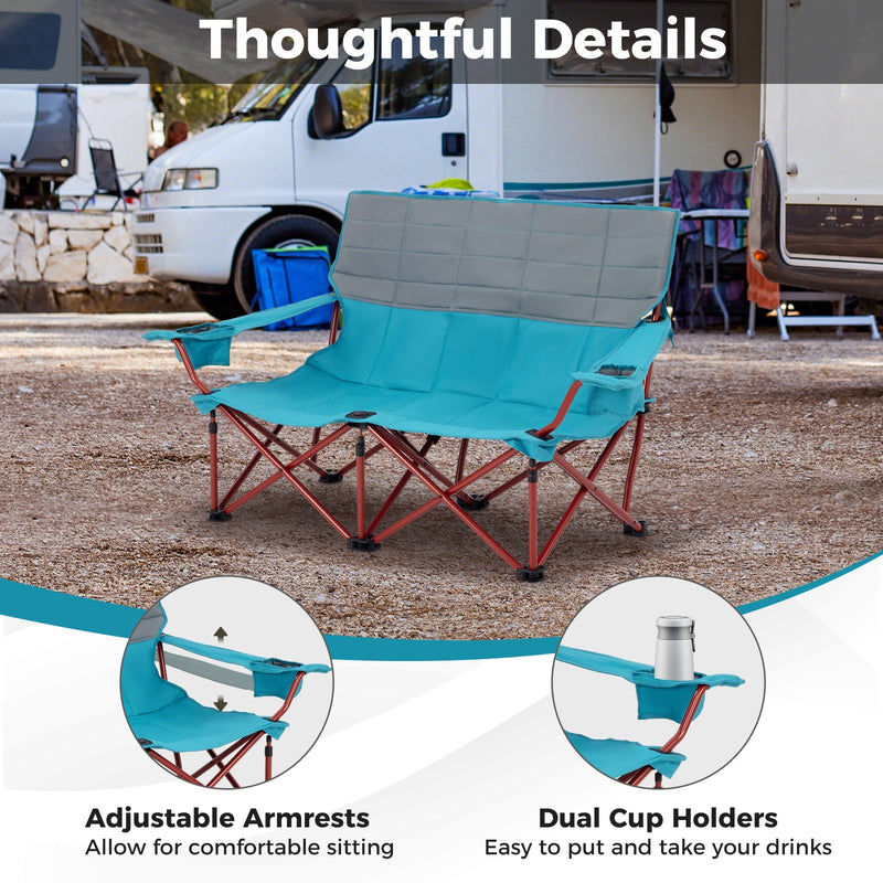 *Oversized Camping Chair Folding Loveseat Camping Couch with Cup Holders & Thick Padding - Blue