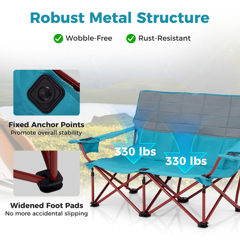 *Oversized Camping Chair Folding Loveseat Camping Couch with Cup Holders & Thick Padding - Blue