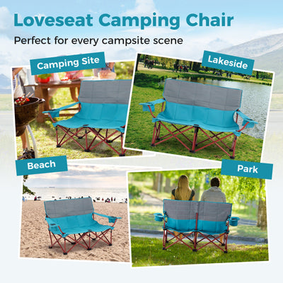 *Oversized Camping Chair Folding Loveseat Camping Couch with Cup Holders & Thick Padding - Blue