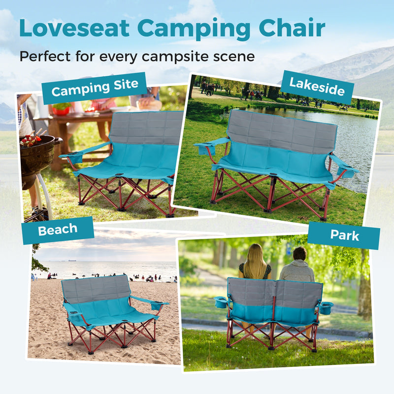 *Oversized Camping Chair Folding Loveseat Camping Couch with Cup Holders & Thick Padding - Blue