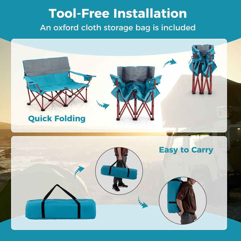 *Oversized Camping Chair Folding Loveseat Camping Couch with Cup Holders & Thick Padding - Blue