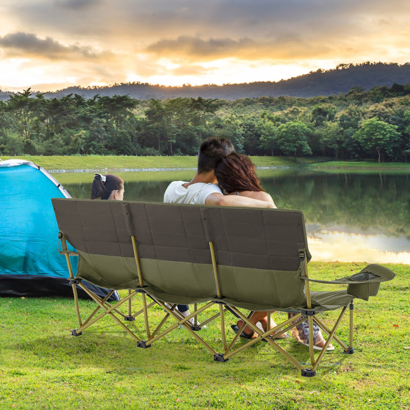 *3 Person Folding Camping Chair with 2 Cup Holders Cotton Padding & Storage Bag - Green