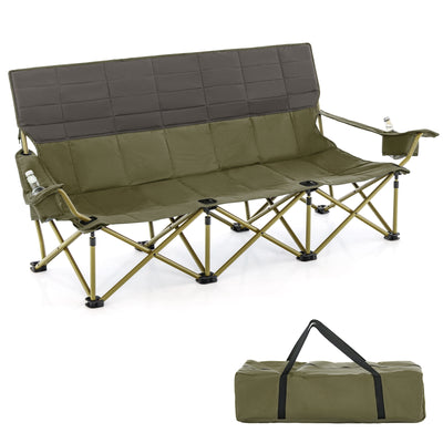 *3 Person Folding Camping Chair with 2 Cup Holders Cotton Padding & Storage Bag - Green