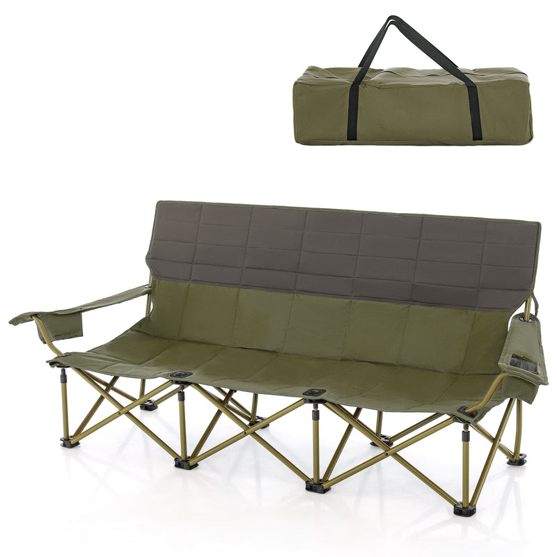 *3 Person Folding Camping Chair with 2 Cup Holders Cotton Padding & Storage Bag - Green