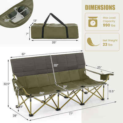 *3 Person Folding Camping Chair with 2 Cup Holders Cotton Padding & Storage Bag - Green