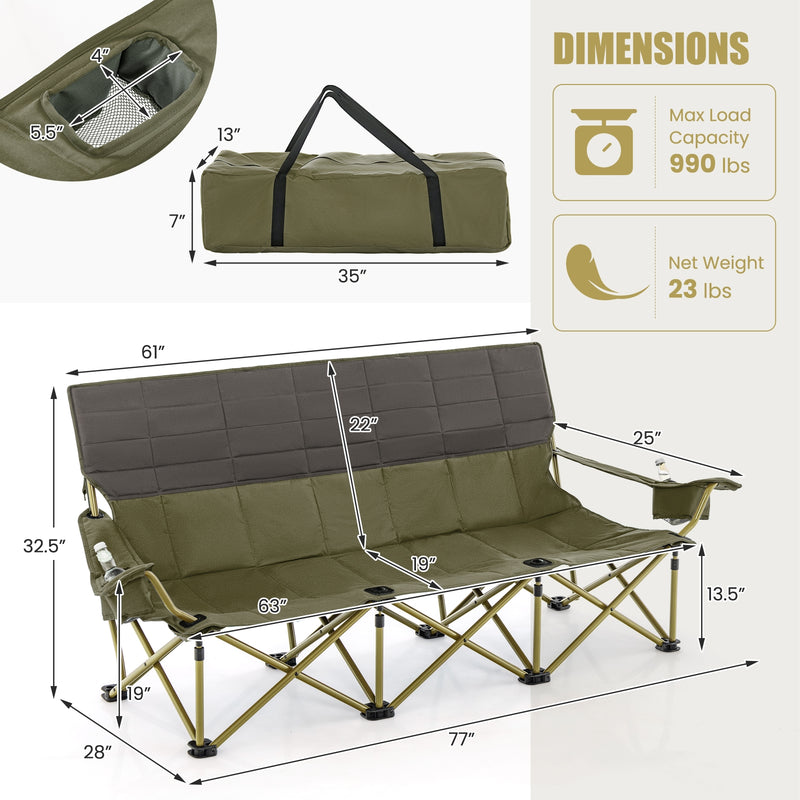 *3 Person Folding Camping Chair with 2 Cup Holders Cotton Padding & Storage Bag - Green