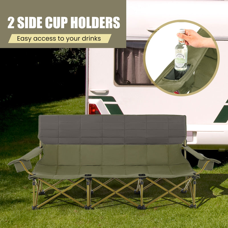 *3 Person Folding Camping Chair with 2 Cup Holders Cotton Padding & Storage Bag - Green