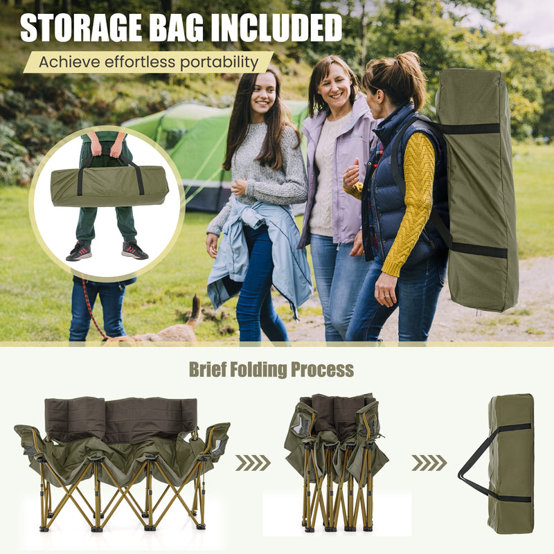 *3 Person Folding Camping Chair with 2 Cup Holders Cotton Padding & Storage Bag - Green