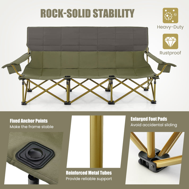 *3 Person Folding Camping Chair with 2 Cup Holders Cotton Padding & Storage Bag - Green