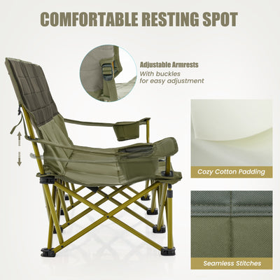 *3 Person Folding Camping Chair with 2 Cup Holders Cotton Padding & Storage Bag - Green