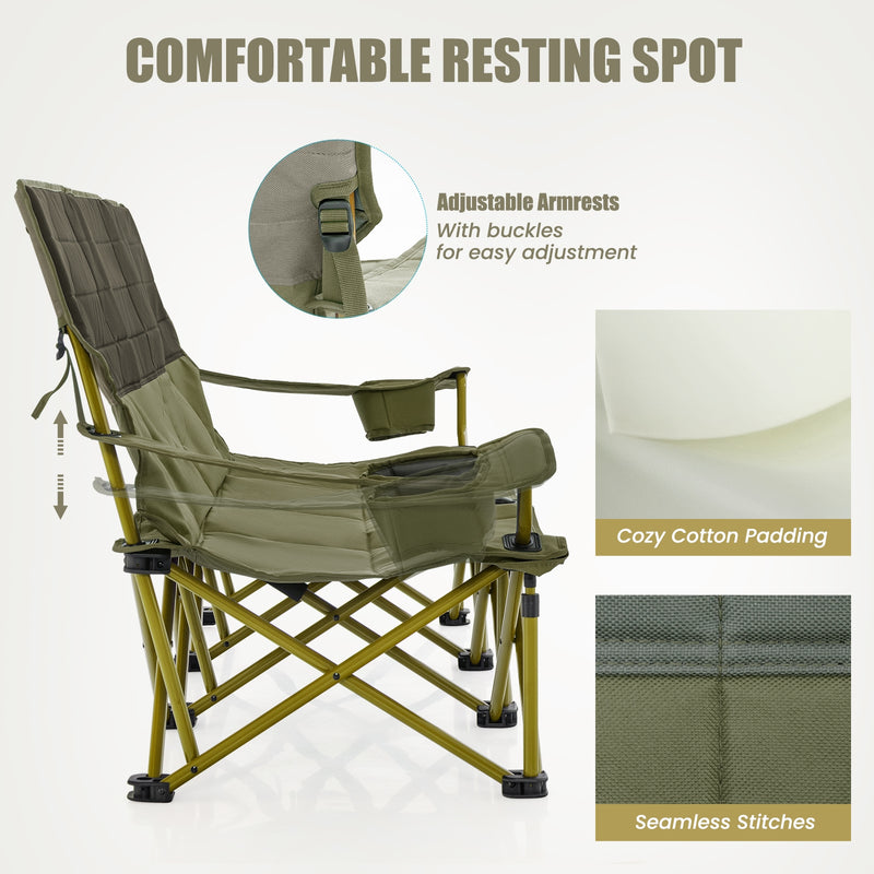 *3 Person Folding Camping Chair with 2 Cup Holders Cotton Padding & Storage Bag - Green