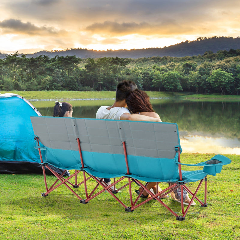 *3 Person Folding Camping Chair with 2 Cup Holders Cotton Padding & Storage Bag - Blue