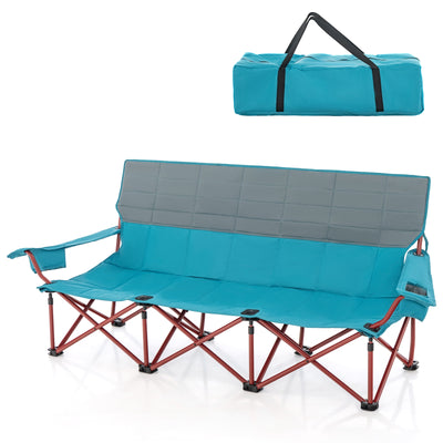 *3 Person Folding Camping Chair with 2 Cup Holders Cotton Padding & Storage Bag - Blue