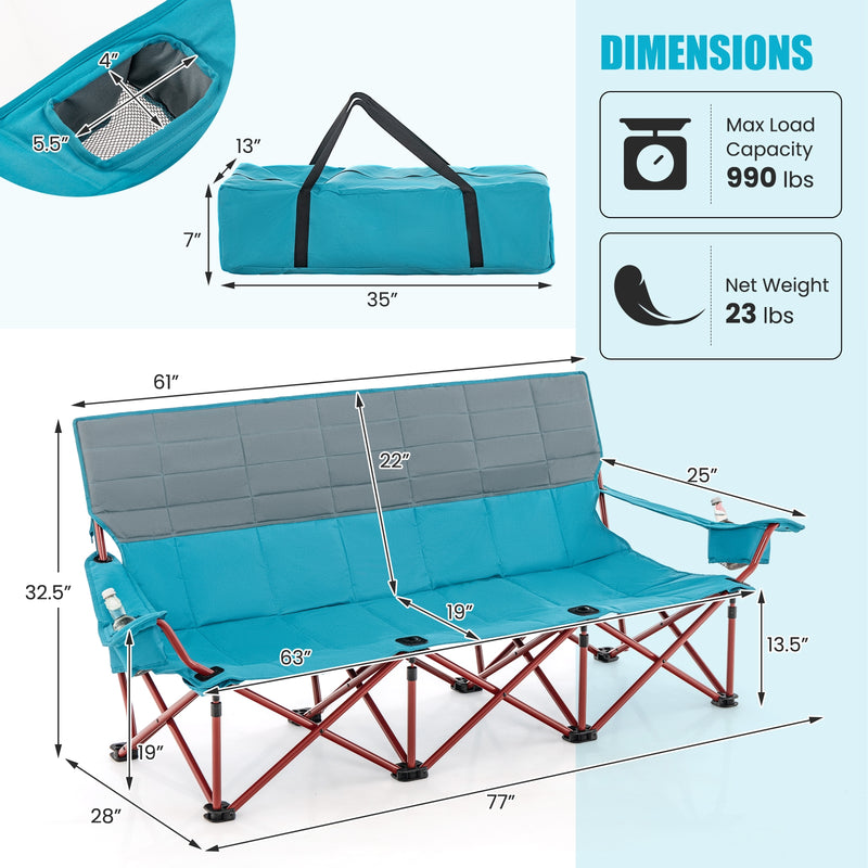 *3 Person Folding Camping Chair with 2 Cup Holders Cotton Padding & Storage Bag - Blue