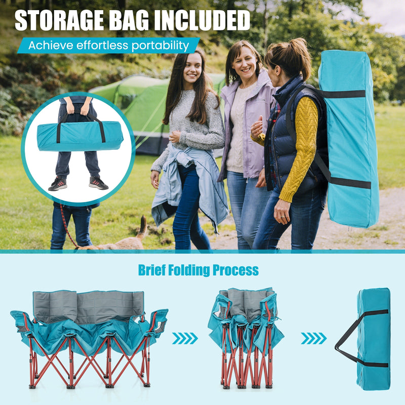 *3 Person Folding Camping Chair with 2 Cup Holders Cotton Padding & Storage Bag - Blue