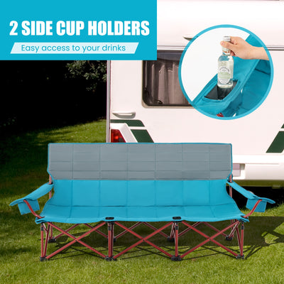 *3 Person Folding Camping Chair with 2 Cup Holders Cotton Padding & Storage Bag - Blue