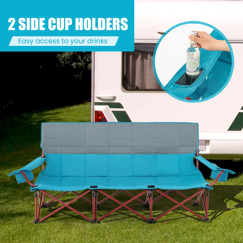 *3 Person Folding Camping Chair with 2 Cup Holders Cotton Padding & Storage Bag - Blue