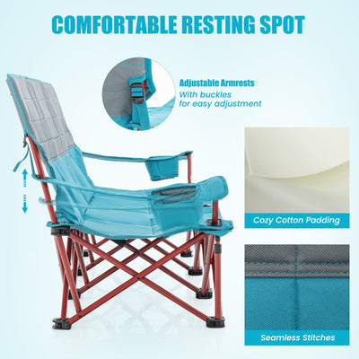 *3 Person Folding Camping Chair with 2 Cup Holders Cotton Padding & Storage Bag - Blue