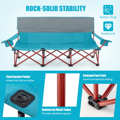 *3 Person Folding Camping Chair with 2 Cup Holders Cotton Padding & Storage Bag - Blue
