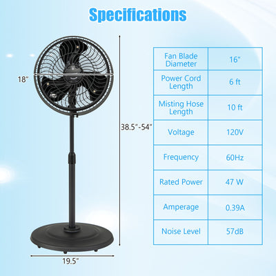 *16 Inch Outdoor Misting Fan Oscillating Pedestal Fan with 3 Mist Levels - Black