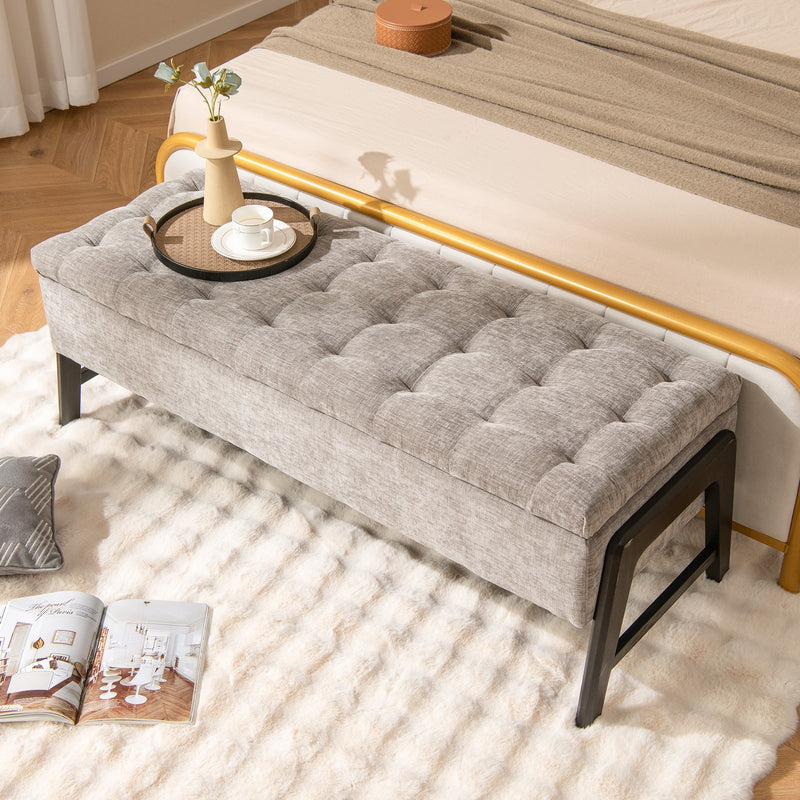 *Modern Chenille Storage Bench with Solid Rubber Wood Legs - Gray