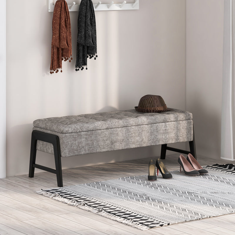 *Modern Chenille Storage Bench with Solid Rubber Wood Legs - Gray