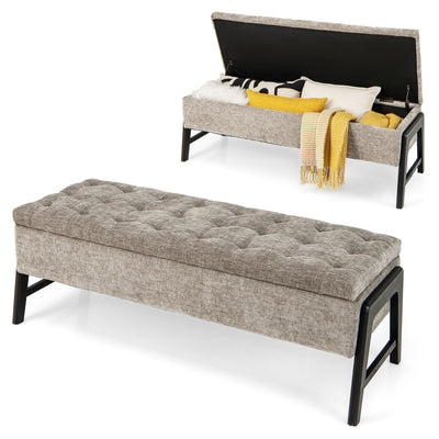 *Modern Chenille Storage Bench with Solid Rubber Wood Legs - Gray
