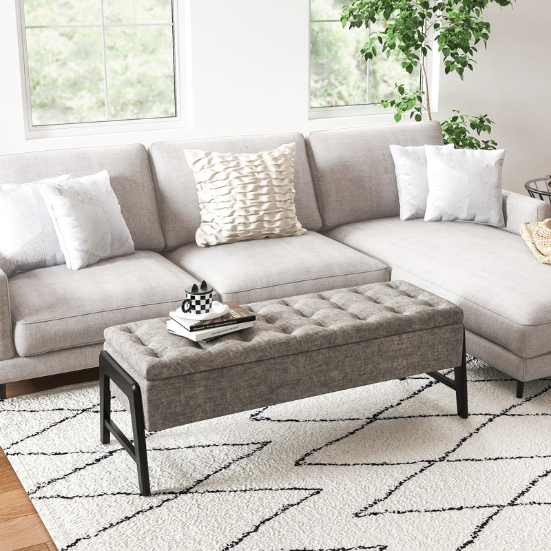 *Modern Chenille Storage Bench with Solid Rubber Wood Legs - Gray