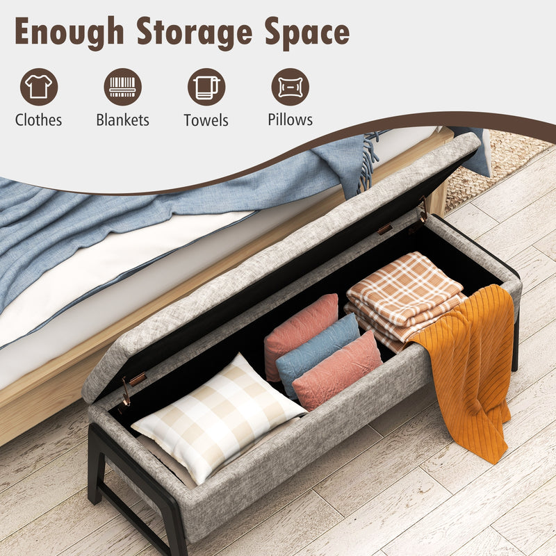 *Modern Chenille Storage Bench with Solid Rubber Wood Legs - Gray