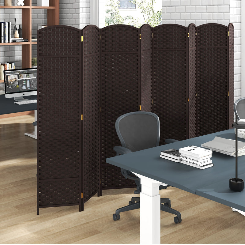 8-Panel Folding Room Divider with Hand-woven Texture and Wood Frame-Brown