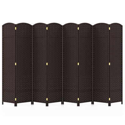 8-Panel Folding Room Divider with Hand-woven Texture and Wood Frame-Brown