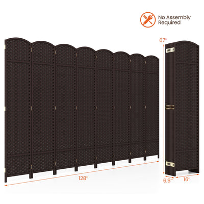 8-Panel Folding Room Divider with Hand-woven Texture and Wood Frame-Brown