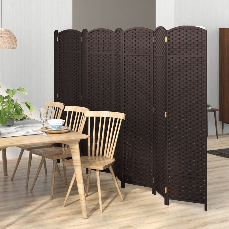 8-Panel Folding Room Divider with Hand-woven Texture and Wood Frame-Brown