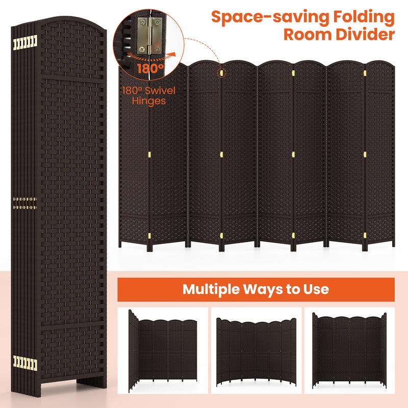8-Panel Folding Room Divider with Hand-woven Texture and Wood Frame-Brown