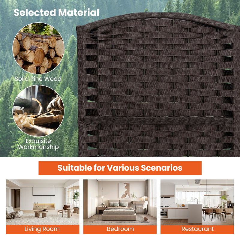 8-Panel Folding Room Divider with Hand-woven Texture and Wood Frame-Brown