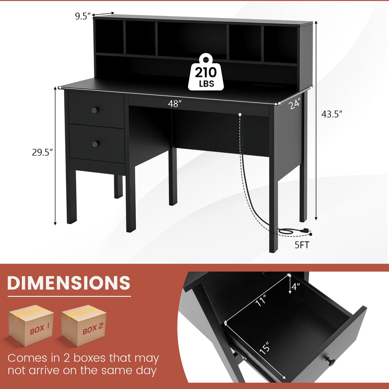 *48 Inch Home Office Computer Desk with Type-C Power Outlets - Black
