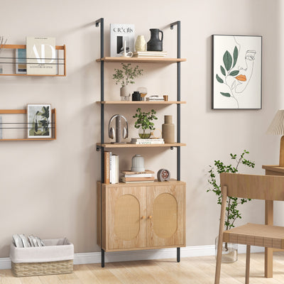 71 Inch 6-Tier Wall Mounted Ladder Bookshelf with Rattan Cabinet-Natural