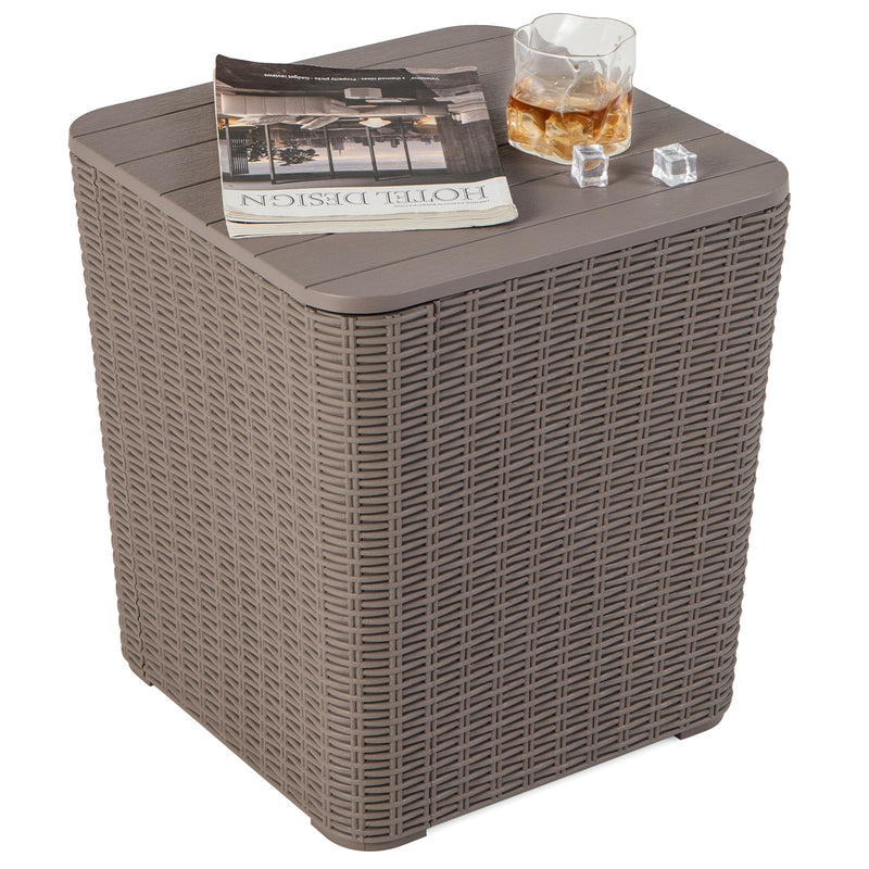 Outdoor Resin Storage Side Table with Removable Lid and Wicker-woven Accent-Coffee