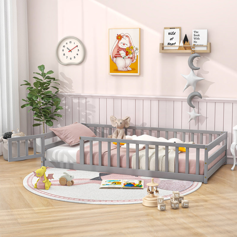 *Twin Size Kids Wood Montessori Floor Bed with Door and Fence - Gray
