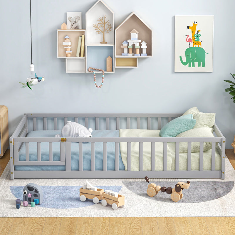 *Twin Size Kids Wood Montessori Floor Bed with Door and Fence - Gray