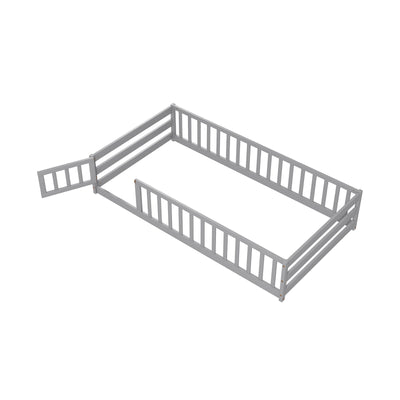 *Twin Size Kids Wood Montessori Floor Bed with Door and Fence - Gray