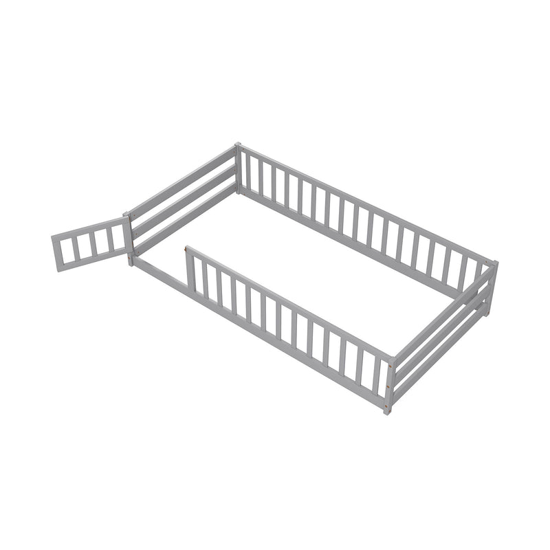 *Twin Size Kids Wood Montessori Floor Bed with Door and Fence - Gray