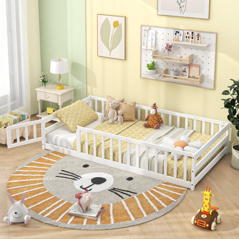 *Twin Size Kids Wood Montessori Floor Bed with Door and Fence - White