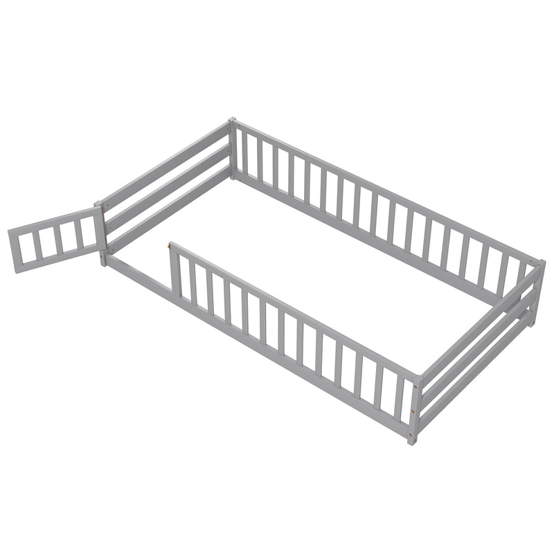 *Twin Size Kids Wood Montessori Floor Bed with Door and Fence - Gray