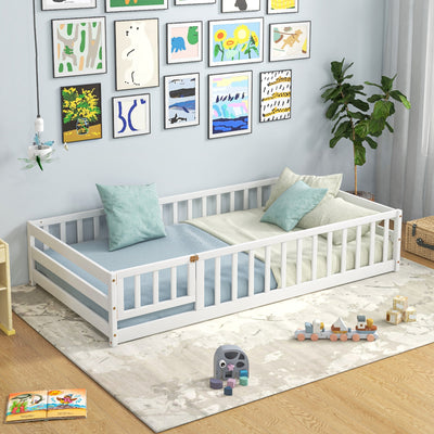 *Twin Size Kids Wood Montessori Floor Bed with Door and Fence - White