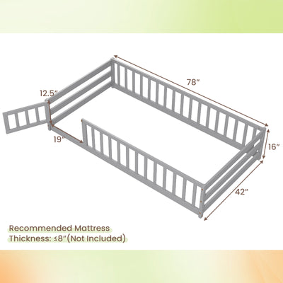 *Twin Size Kids Wood Montessori Floor Bed with Door and Fence - Gray
