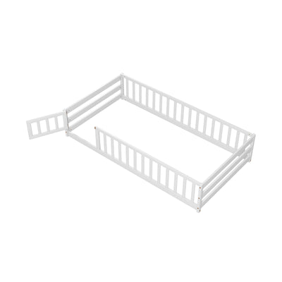 *Twin Size Kids Wood Montessori Floor Bed with Door and Fence - White