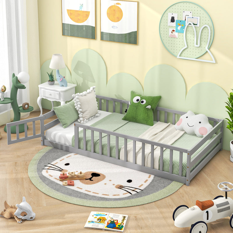 *Twin Size Kids Wood Montessori Floor Bed with Door and Fence - Gray