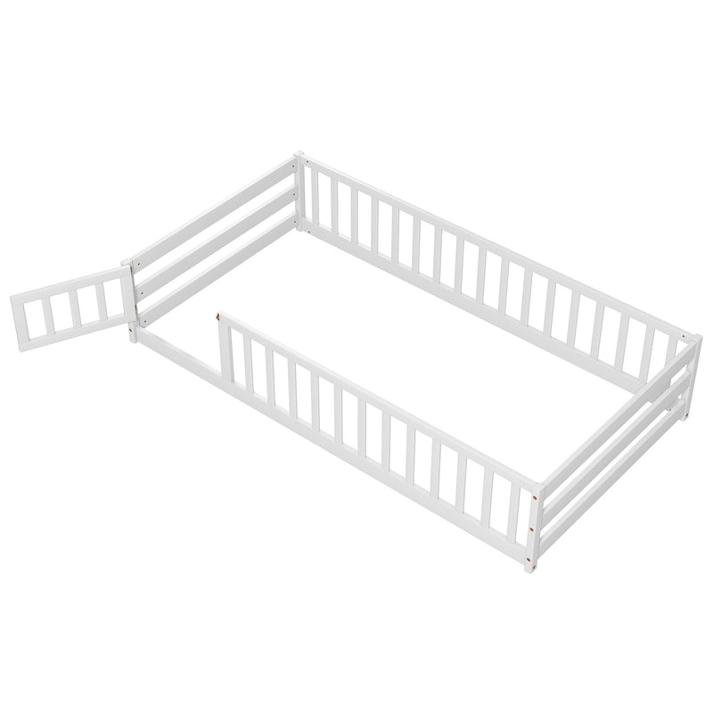*Twin Size Kids Wood Montessori Floor Bed with Door and Fence - White
