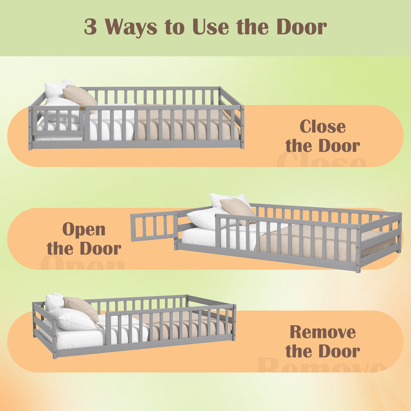 *Twin Size Kids Wood Montessori Floor Bed with Door and Fence - Gray